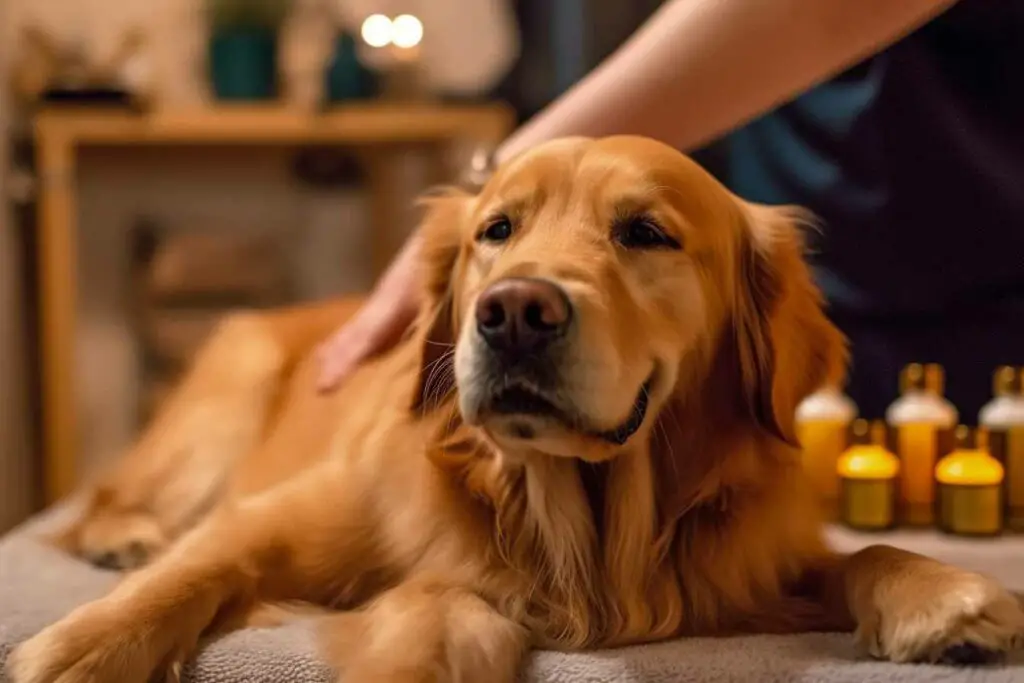 chien qui se fait masser au baume cutané apaisant